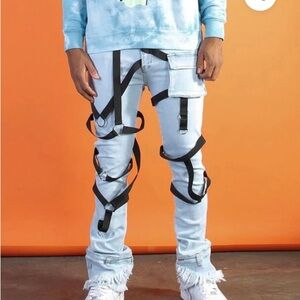 Cooper 9 Los‎ Angeles Mens Tactical Suspender Jeans Raw Hem light blue size 34
